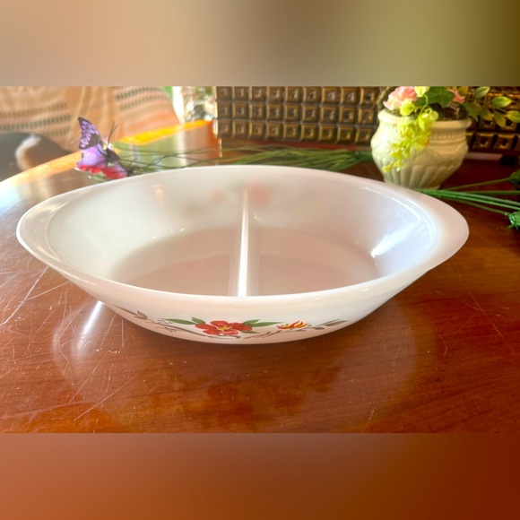 Vintage Glasbake Divided Serving Dish Pink Red Painted Flowers J-2352 RARE - Picture 4 of 9